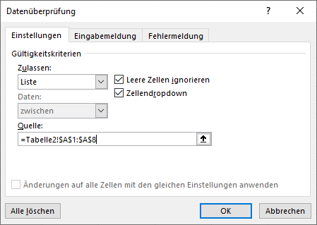 Dropdown Liste mit Datenueberpruefung Quelldaten ausgewaehlt