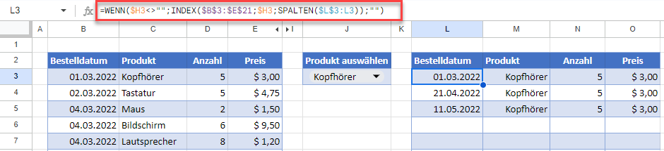 Dropdown Listenfilter in Google Sheets