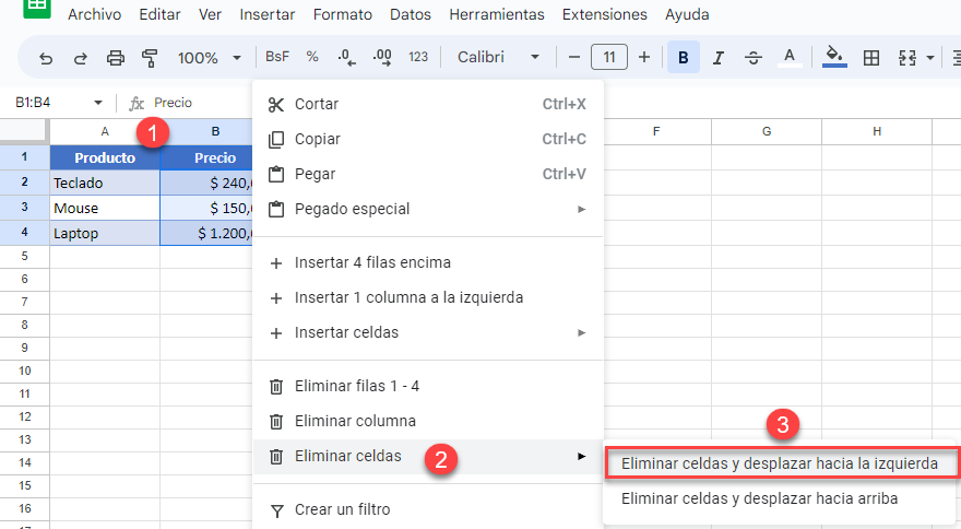 Eliminar Celdas y Desplazar hacia la Izquierda en Google Sheets