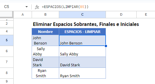 Eliminar Espacios Sobrantes Finales e Iniciales en Google Sheets