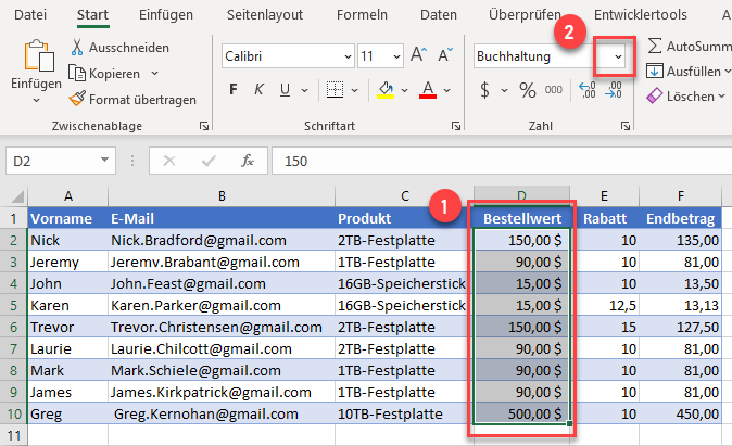 Email Felder in Excel Zahlen formatieren