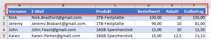 Email Felder in Excel einrichten