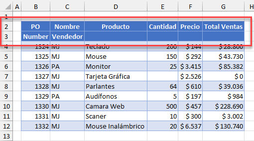 Encabezados en Varias Filas