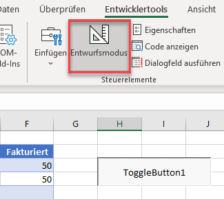 Entwurfsmodus in Excel deaktivieren