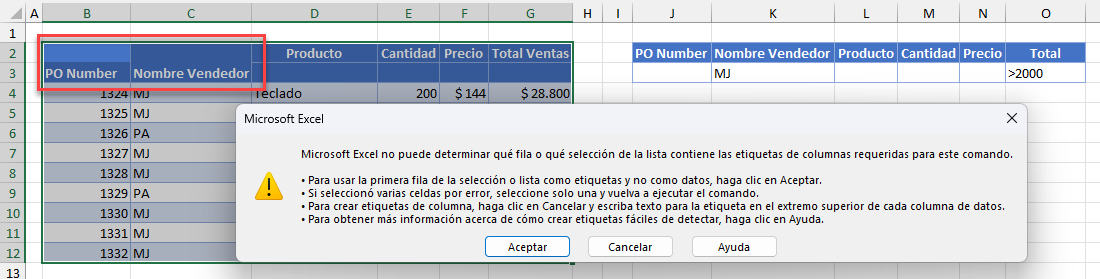 Error por Encabezado en Celdas Combinadas o en Diferentes Filas