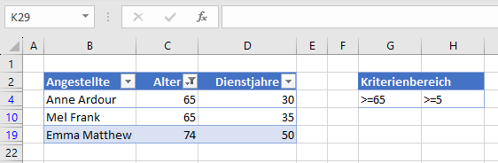 Erweiterte Filter in Excel
