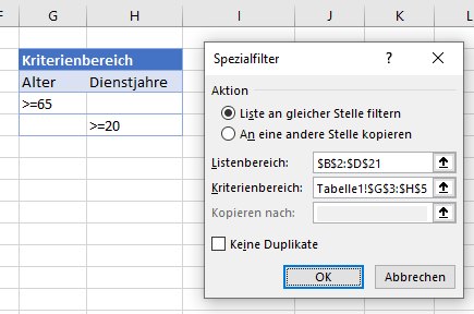 Erweiterter ODER Filter Kriterien definieren