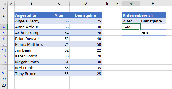 Erweiterter ODER Filter mit Mehreren Kriterien aktiviert