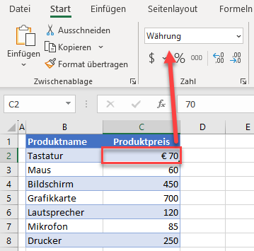 Euro Symbol Zahlenformat automatisch erkannt