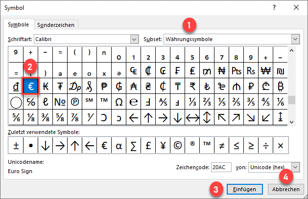 Euro Symbol in Excel aus Sysmbolliste einfuegen