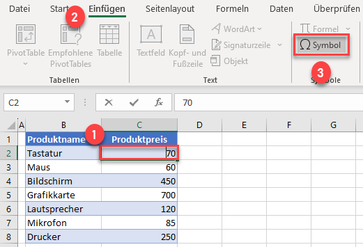 Euro Symbol in Excel einfuegen