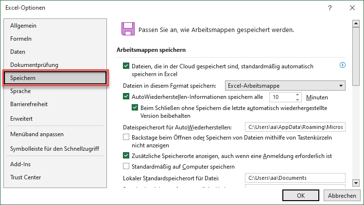 Excel Datei Optionen Speichern