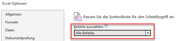 Excel Datei Optionen alle Befehle anzeigen