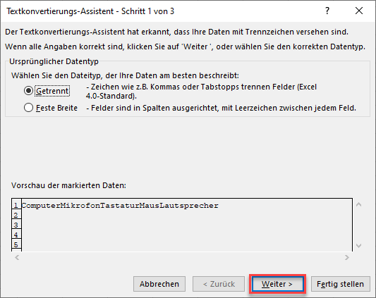 Excel Text Konvertierungs Assistent Schritt1