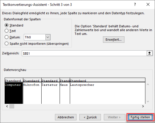 Excel Text Konvertierungs Assistent Trennzeichen fertigstellen