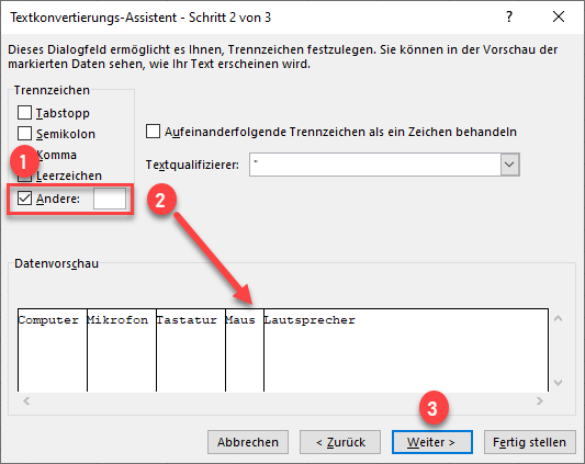 Excel Text Konvertierungs Assistent Trennzeichen festlegen