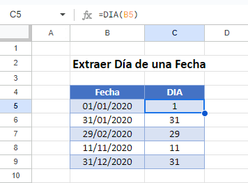 Extraer Día de una Fecha en Google Sheets