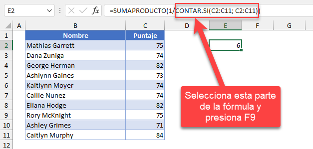 F9 para Evaluar Función CONTAR.SI
