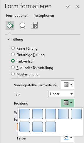 Farbverlauf unter Formoptionen in Excel