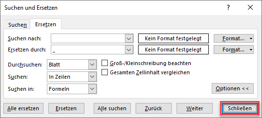 Fenster Suchen und Ersetzen schliessen