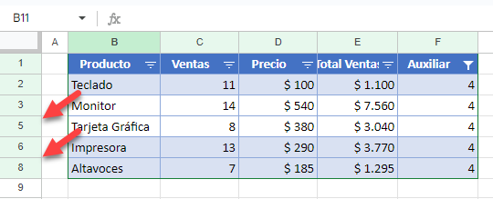 Filas en Blanco Ocultas en Google Sheets