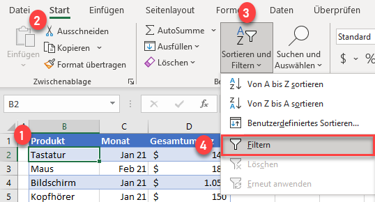Filter in Excel einfuegen