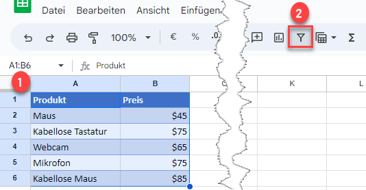 Filter in Google Sheets einfuegen