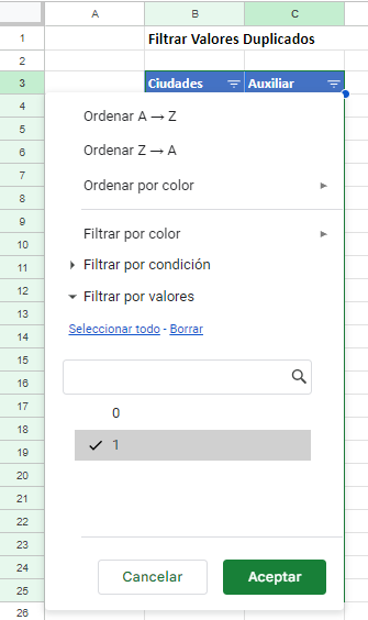 Filtrar por Columna Auxiliar con Valores Igual a Uno en Google Sheets