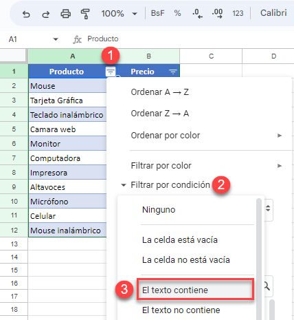 Filtrar por Condición El Texto Contiene en Google Sheets