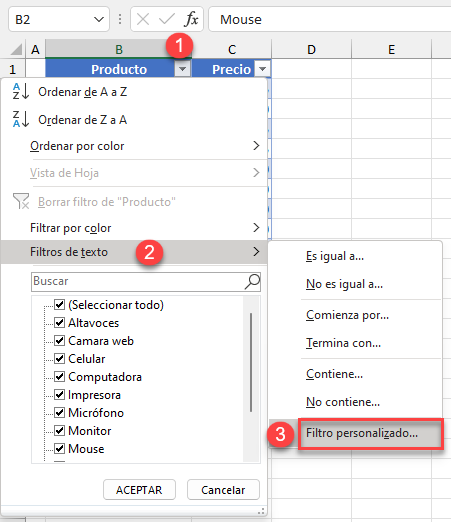Filtro de Texto Personalizado en Excel