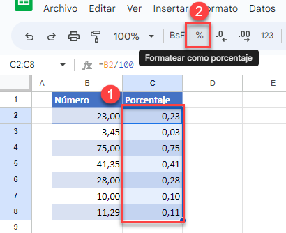 Formatear como Porcentaje en Google Sheets