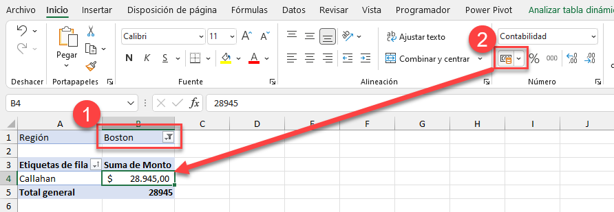 Formato de Campos de una Tabla Dinámica desde la Cinta de Opciones