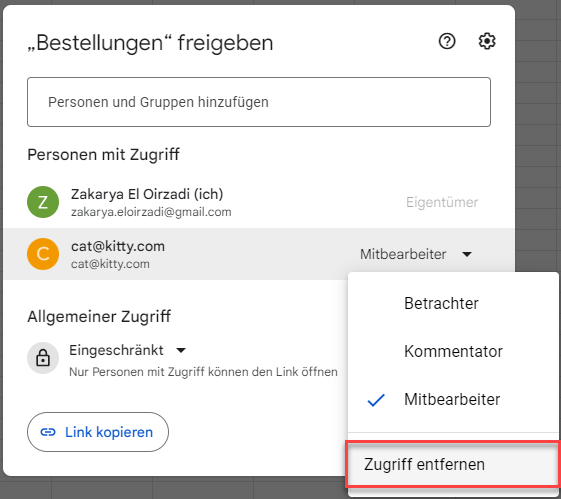 Freigabe in Google Sheets entfernen