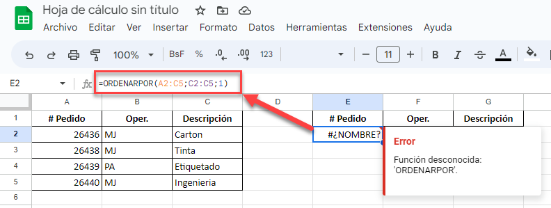 Función ORDENARPOR Desconocida en Google Sheets