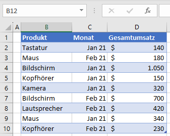 Gefilterte Zellen in Excel kopieren Ausgangsdeten