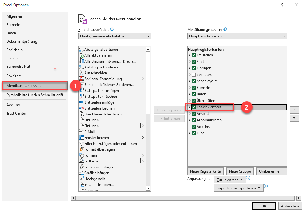 Hauptregisterkarte Entwicklertools in Excel aktivieren