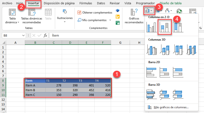 Insertar Gráfico de Columnas Apiladas