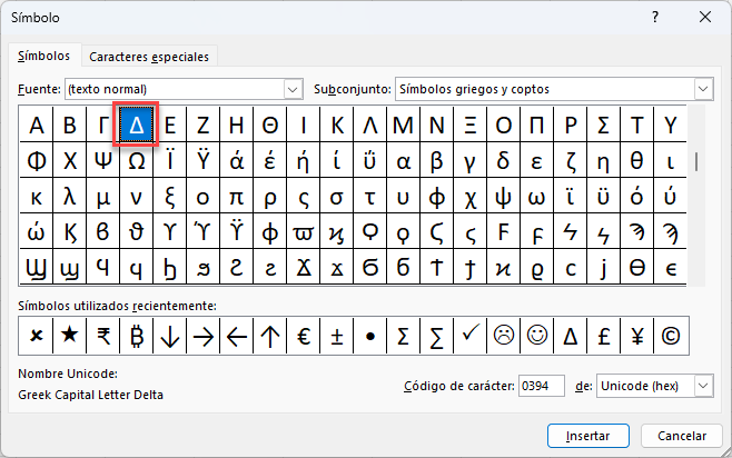 Insertar Símbolo Delta en Excel