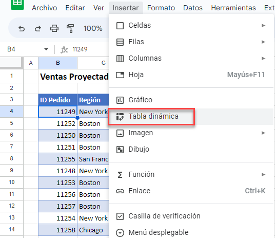 Insertar Tabla Dinámica en Google Sheets