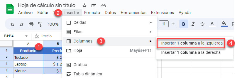 Insertar Una Columna a la Izquierda en Google Sheets