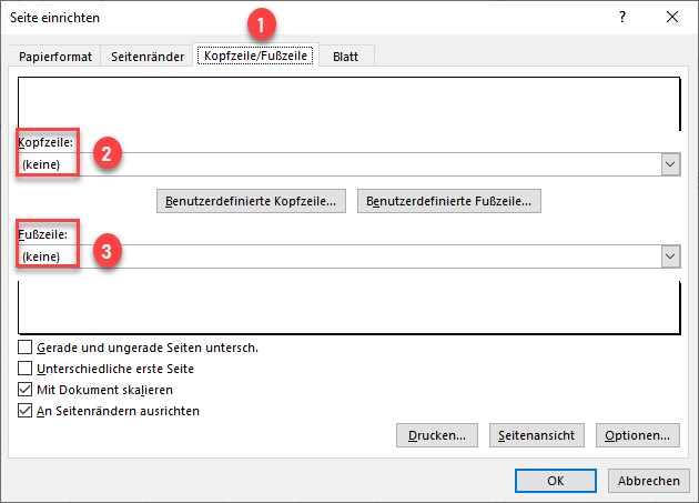 Kopfzeile Fusszeile in Excel entfernen