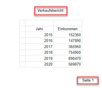 Kopfzeile Fusszeile in Google Sheets eingefuegt