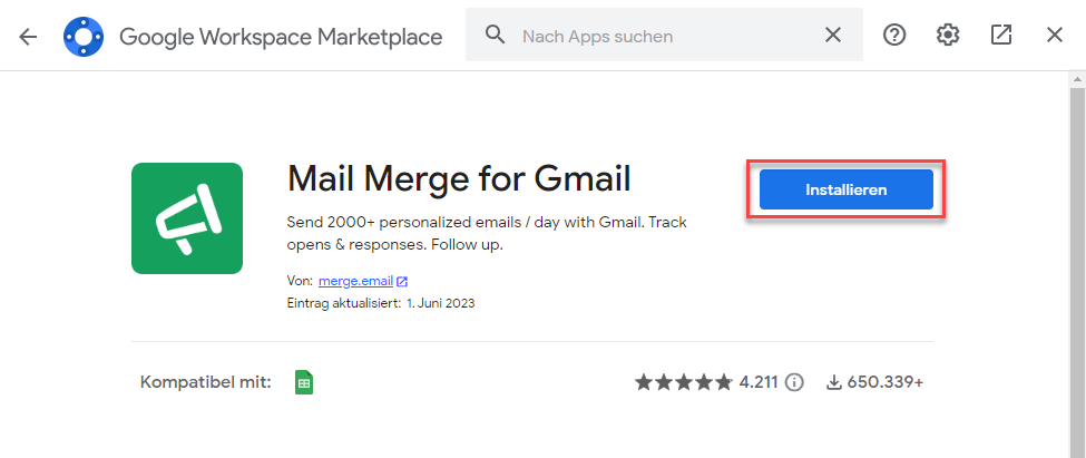 Mail Merge Add On fuer Gmail installieren