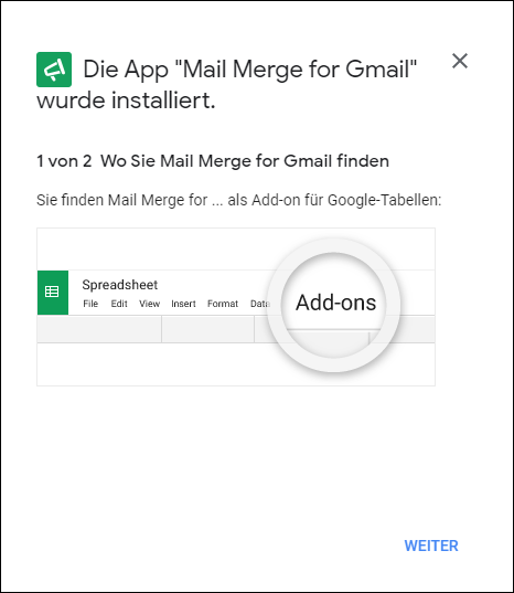 Mail Merge Add On fuer Gmail installiert