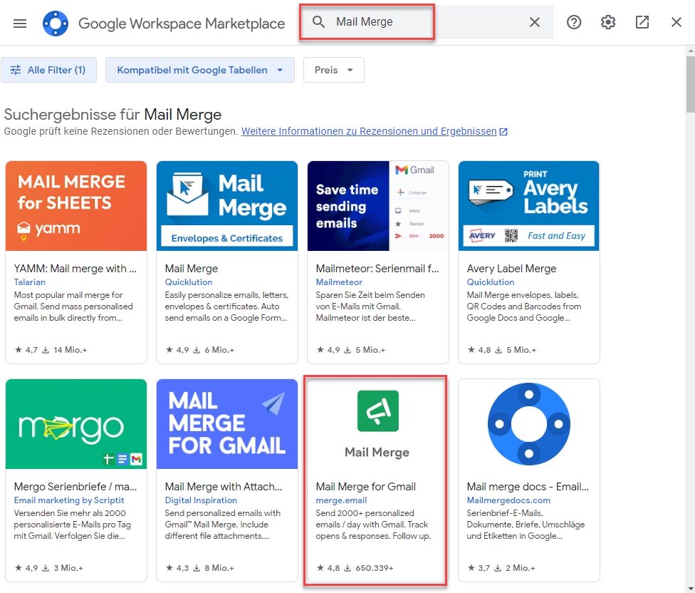 Mail Merge Add On fuer Gmail suchen