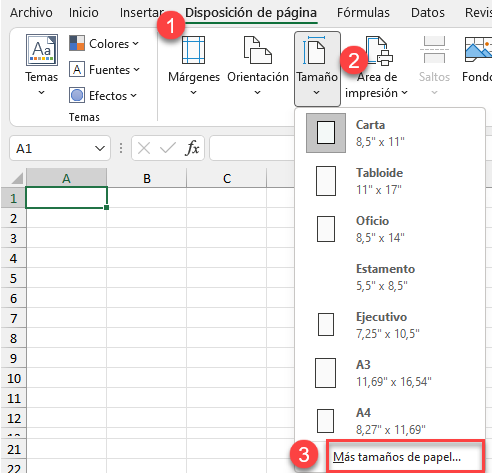Más Tamaños de Papel en Excel