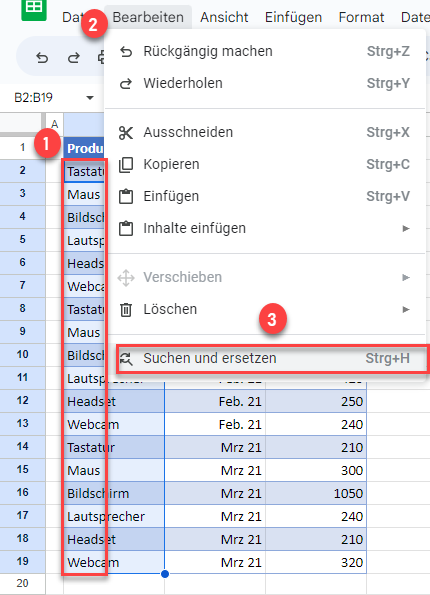 Mehrere Werte suchen und ersetzen Schritte GS