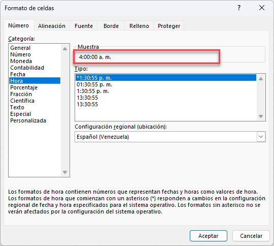 Menú Formato de Celdas Hora