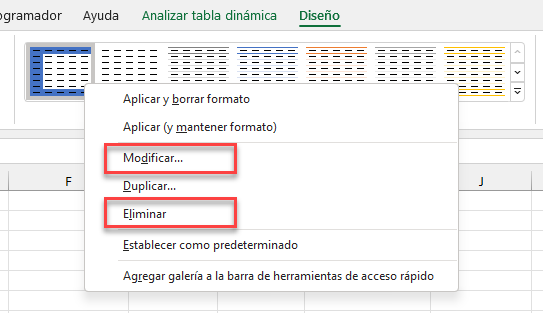 Modificar o Eliminar Nuevo Estilo de Tabla Dinámica