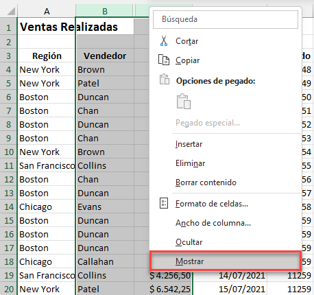 Mostrar Columnas Ocultas en Excel